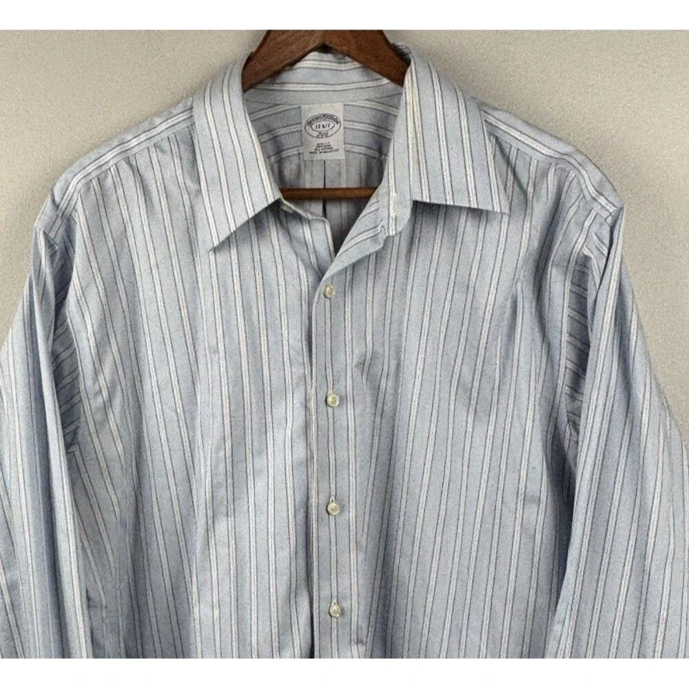 Brooks Brothers Men 17-6/7 Light Blue Striped Dress Shirt Slim Supima Cotton